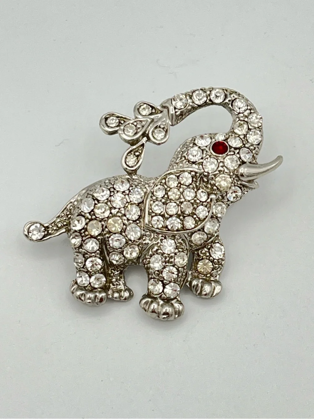Vintage Rhinestone Elephant Brooch Lucky Trunk Up Spraying Water Pin